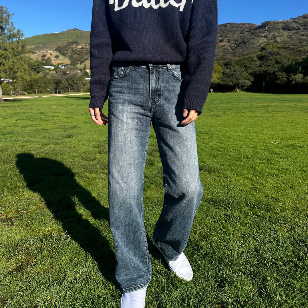 Vintage Washed Straight Leg Jeans Men Clean Fit Pants Commuter Wide Leg Pants