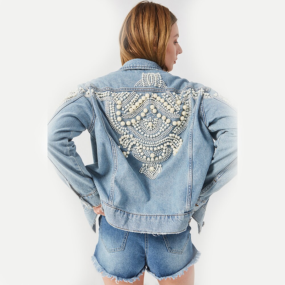 Embroidered Denim Jacket with Beading Design for Women - Vintage Long Sleeve Punk Outerwear