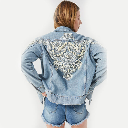 Embroidered Denim Jacket with Beading Design for Women - Vintage Long Sleeve Punk Outerwear