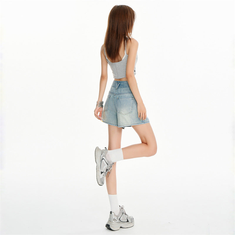 Light Blue High-Waisted A-Line Denim Shorts for Women