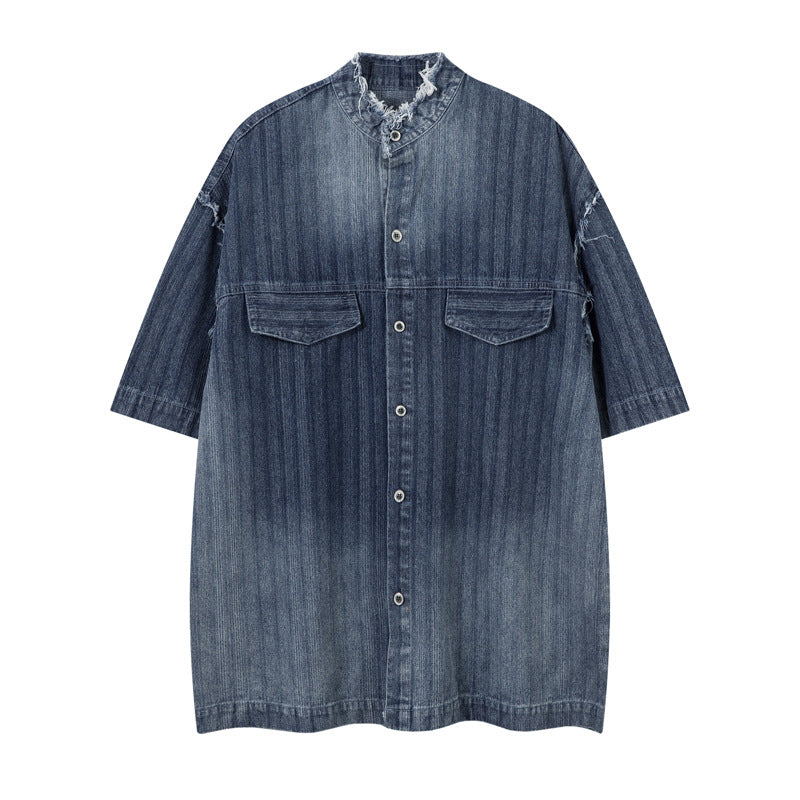 High-End Unique Dark Stripe Vintage Denim Shirt for Men - Short Sleeve with Frayed Hem