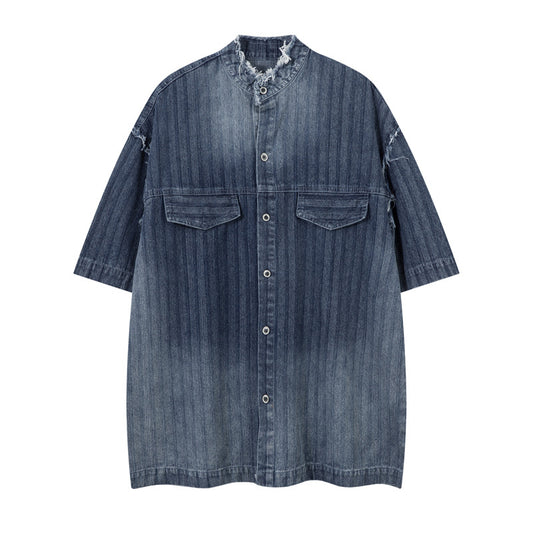 High-End Unique Dark Stripe Vintage Denim Shirt for Men - Short Sleeve with Frayed Hem