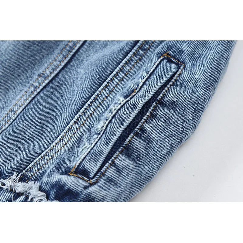 Women's Light Blue Denim Jacket with Frayed Details and Patchwork Design