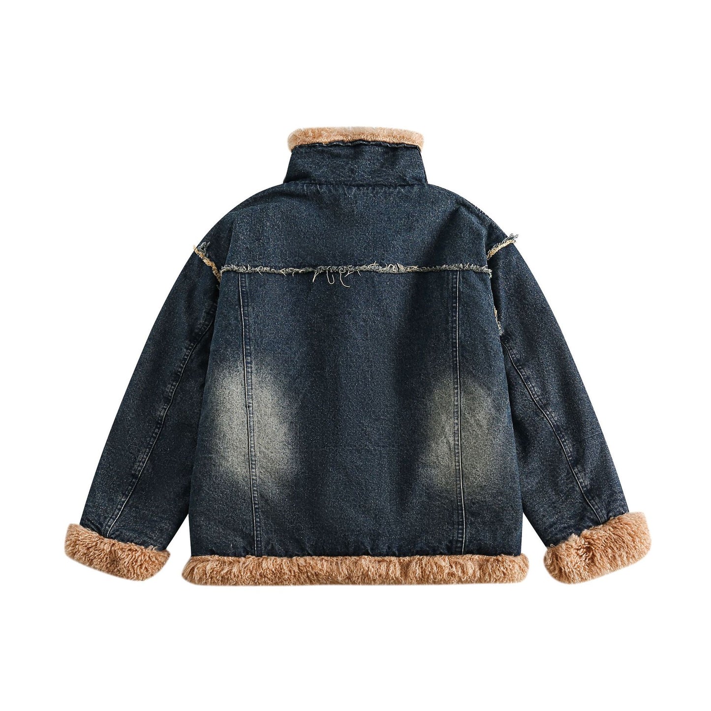 Patchwork Denim Shearling Lined Cotton Coat Couple Loose Warm Outerwear