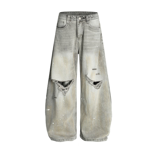 Bent Knife Washed Ripped Jeans Wide Leg Pants