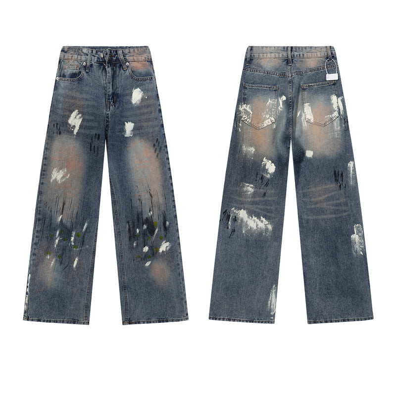 Graffiti Color-Blocking Denim Pants - Men's Loose Straight Leg Trousers