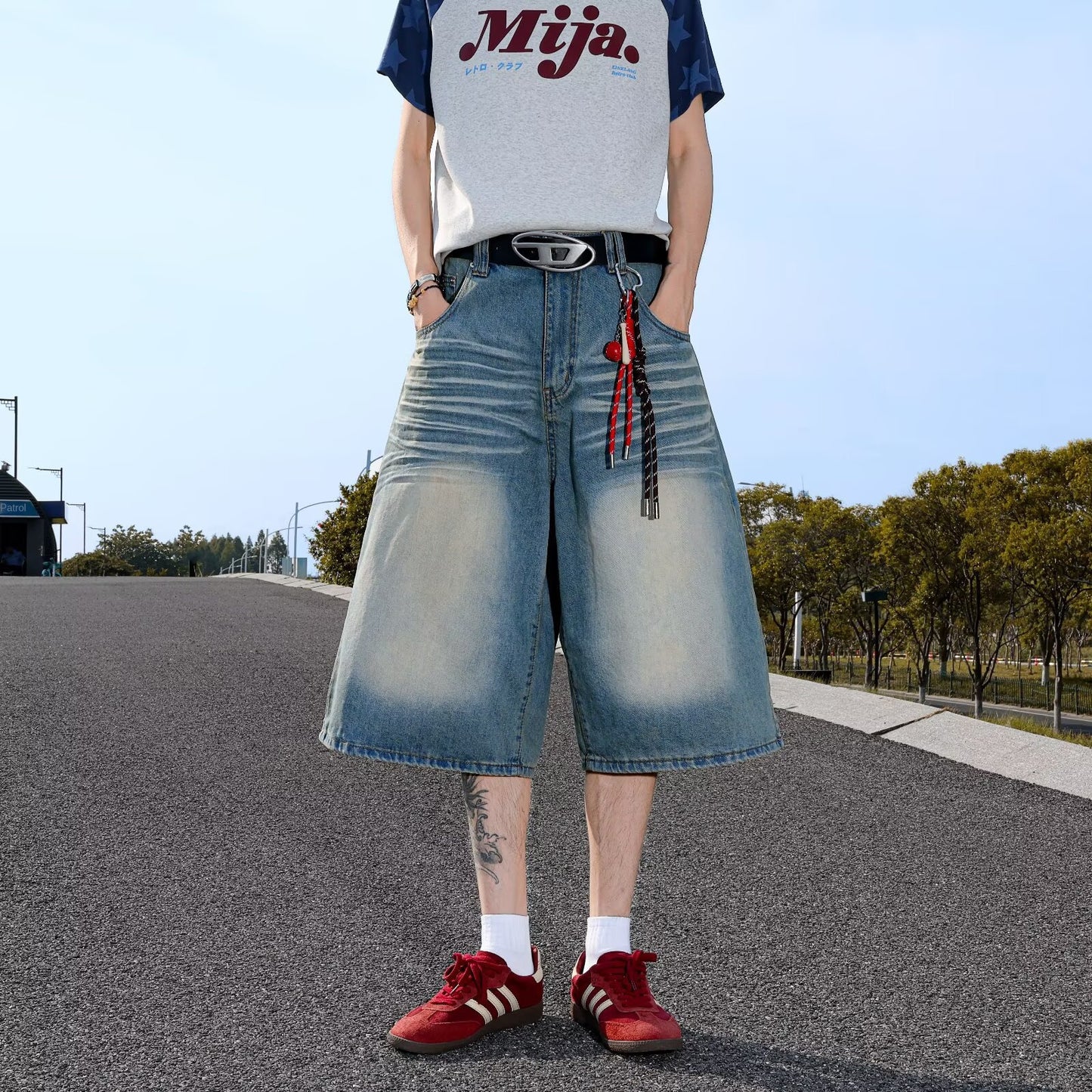 Distressed Wide Leg Denim Pants with Creases – Loose Fit