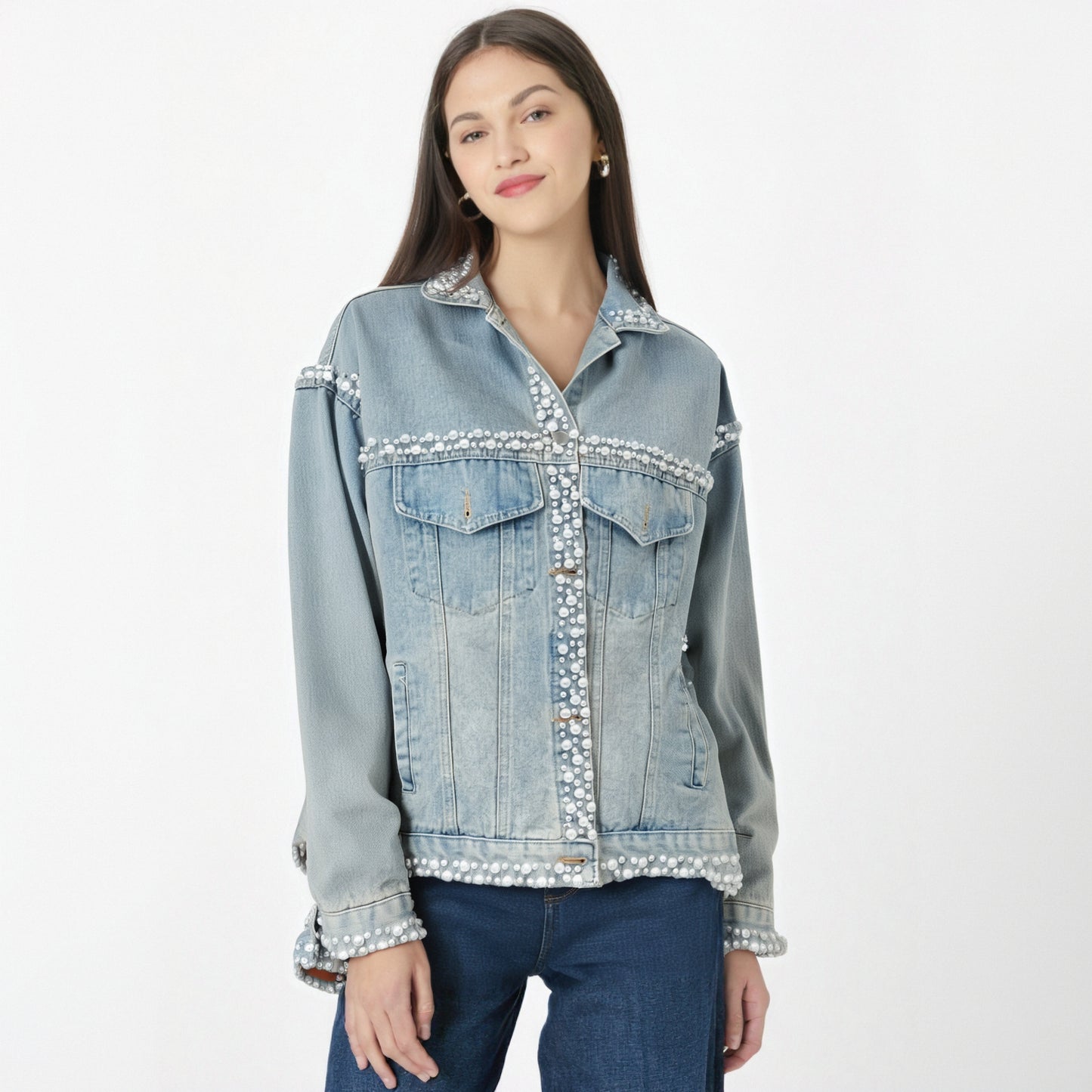 Women's Light Blue Denim Coat with Pearl Embroidery and Flares - Single Breasted Autumn Jacket