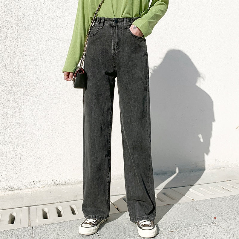 High Waist Wide Leg Denim Jeans for Women - Vintage Blue Streetwear