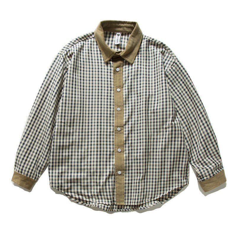Workwear Long Sleeved Pure Cotton Checkered Patchwork Shirt