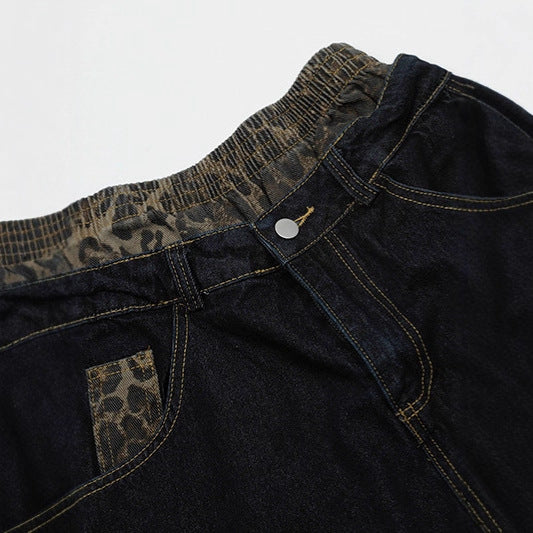 Leopard Print Patchwork Brushed Seven Quarter Denim Shorts