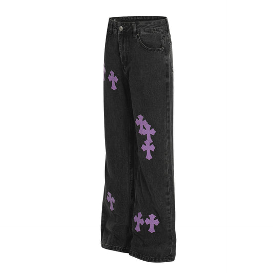 Unisex Retro Cross Pattern Slim Fit Flared Denim Pants