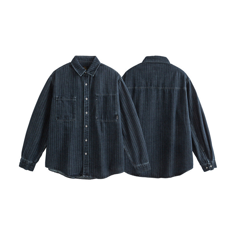 Washed and Worn Checkered Men's Denim Collar Shirt