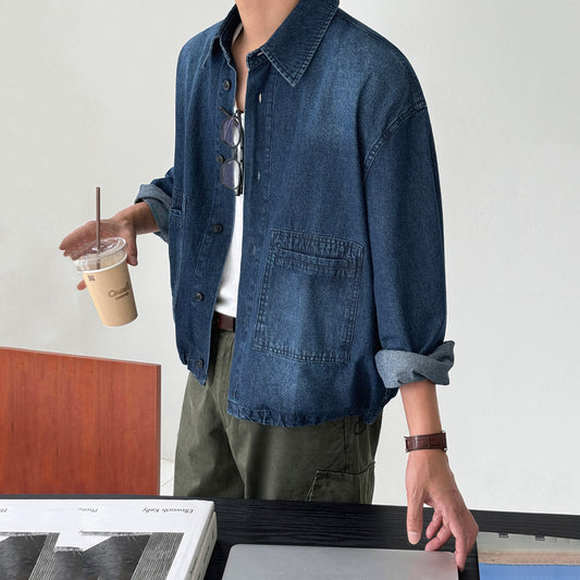 Casual Washed Denim Long Sleeve Shirt Men Loose Fit Commuter Retro Outfit