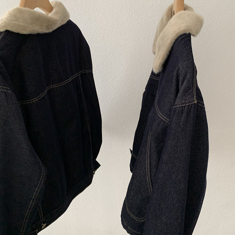 Retro Fleece-Lined Turn-Down Collar Long Sleeve Denim Jacket Top