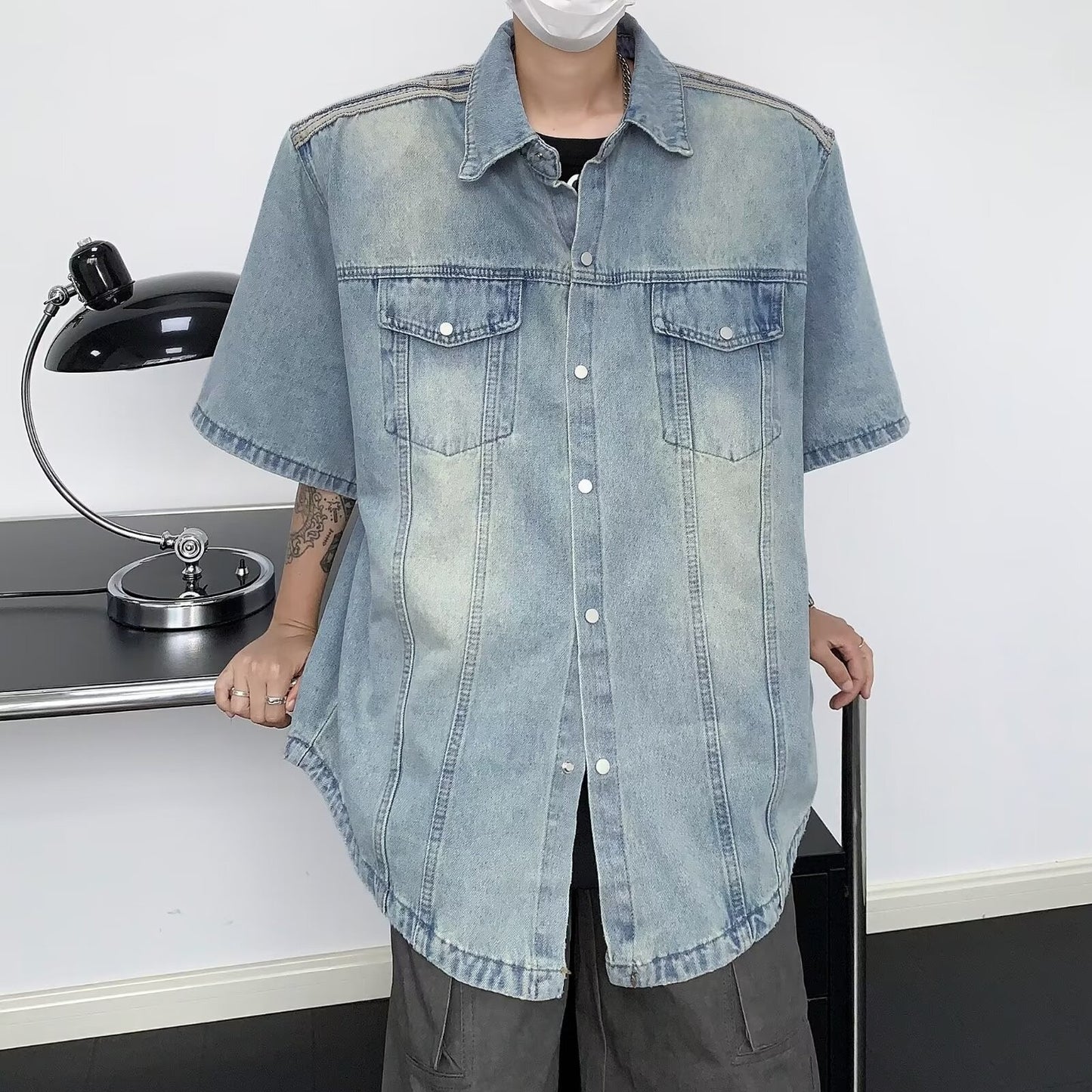 Washed Vintage Shoulder Padded Denim Shirt for Men