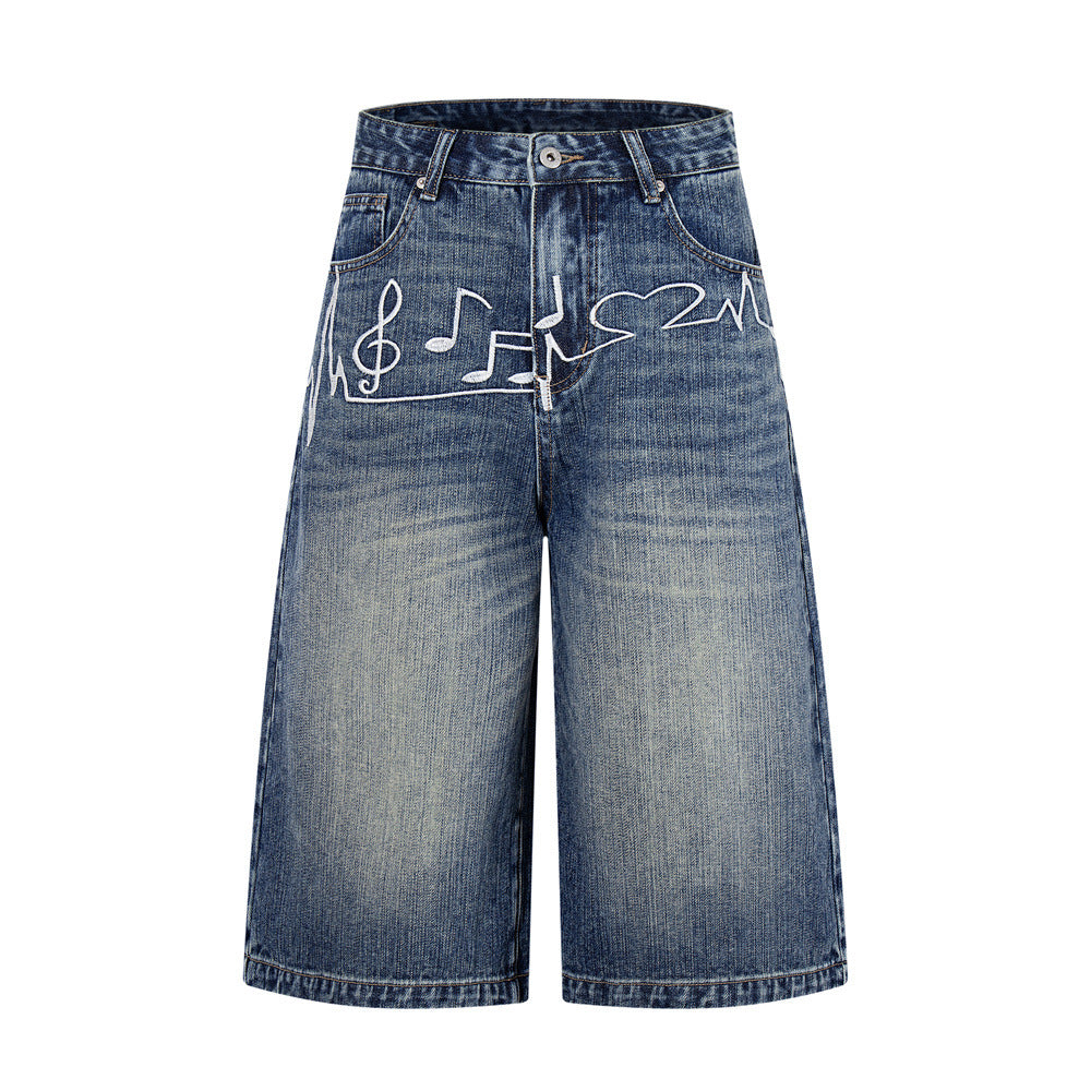 Men's Embroidered Denim Shorts — Mid Rise Loose Fit, Blue