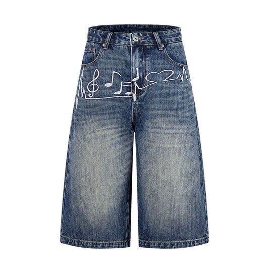 Men's Embroidered Denim Shorts — Mid Rise Loose Fit, Blue