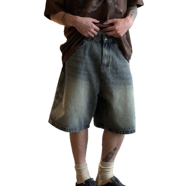 Blue Denim Casual Loose Five-Quarter Shorts for Men