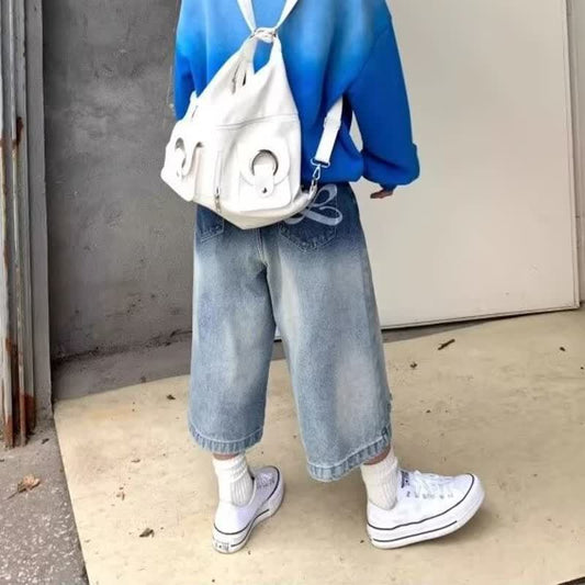 Retro Gradient Washed Distressed Denim Shorts - Unisex Summer Straight Loose Wide Leg