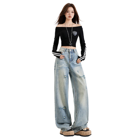 Denim Pants Spring New Washed Distressed Floor-Length Wide Straight Leg Pants for Women