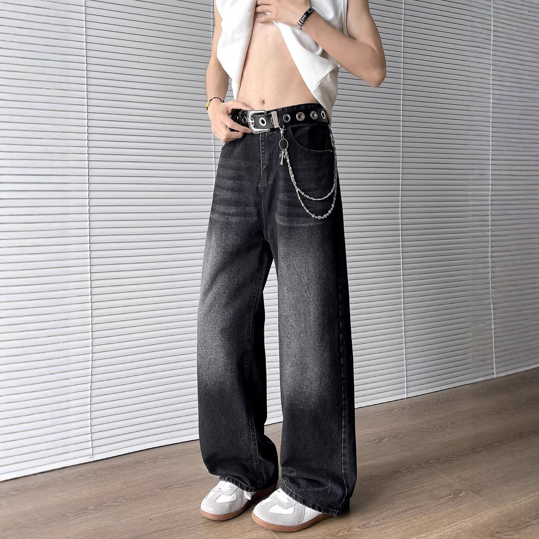 Washed Curved Knife Denim Straight Leg Slightly Flared Wide Leg Pants