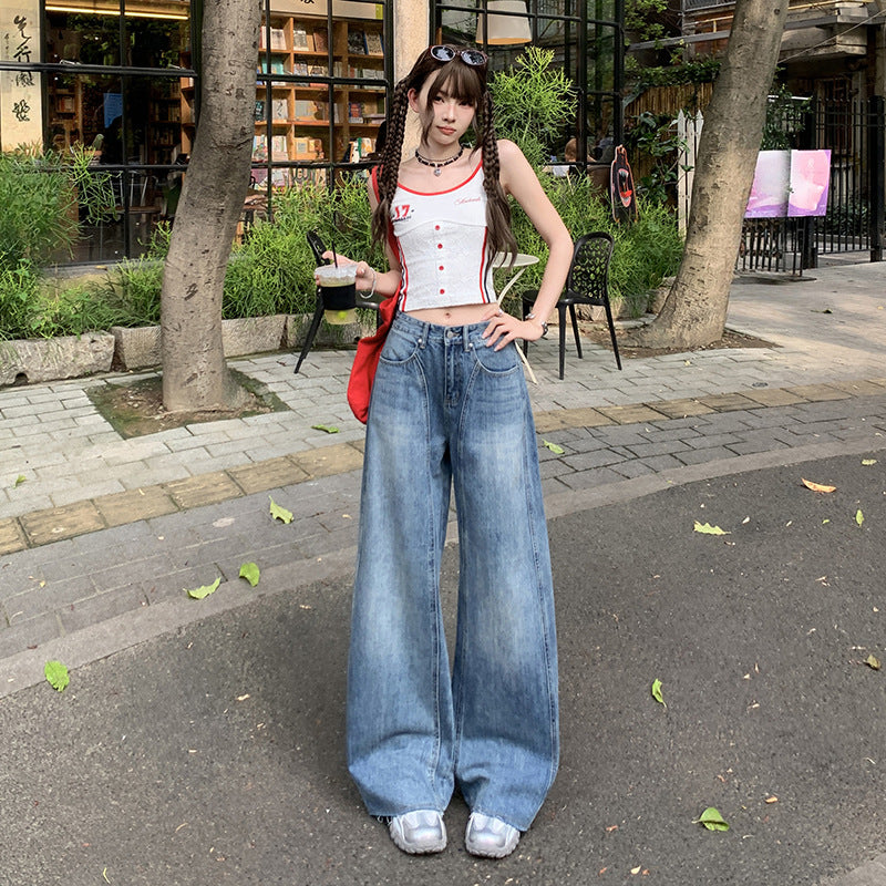 Women's Wide-Leg Floor-Length Denim Pants - Retro Blue