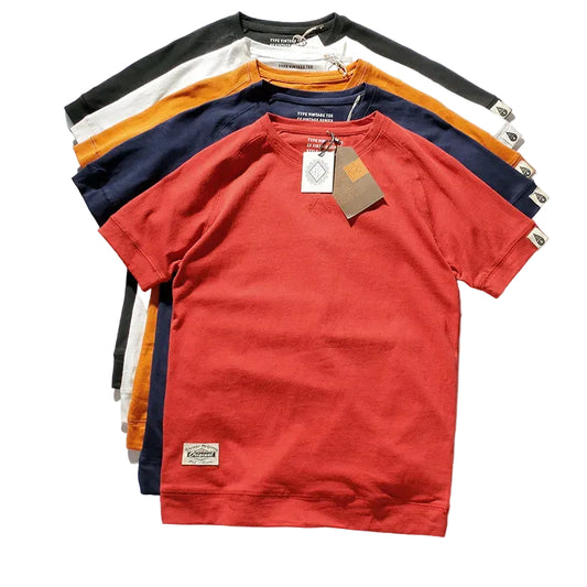 Raglan Sleeve Solid Color T-shirt Men's Short-sleeved Round Neck 100% Cotton Washed Bottoming Tops