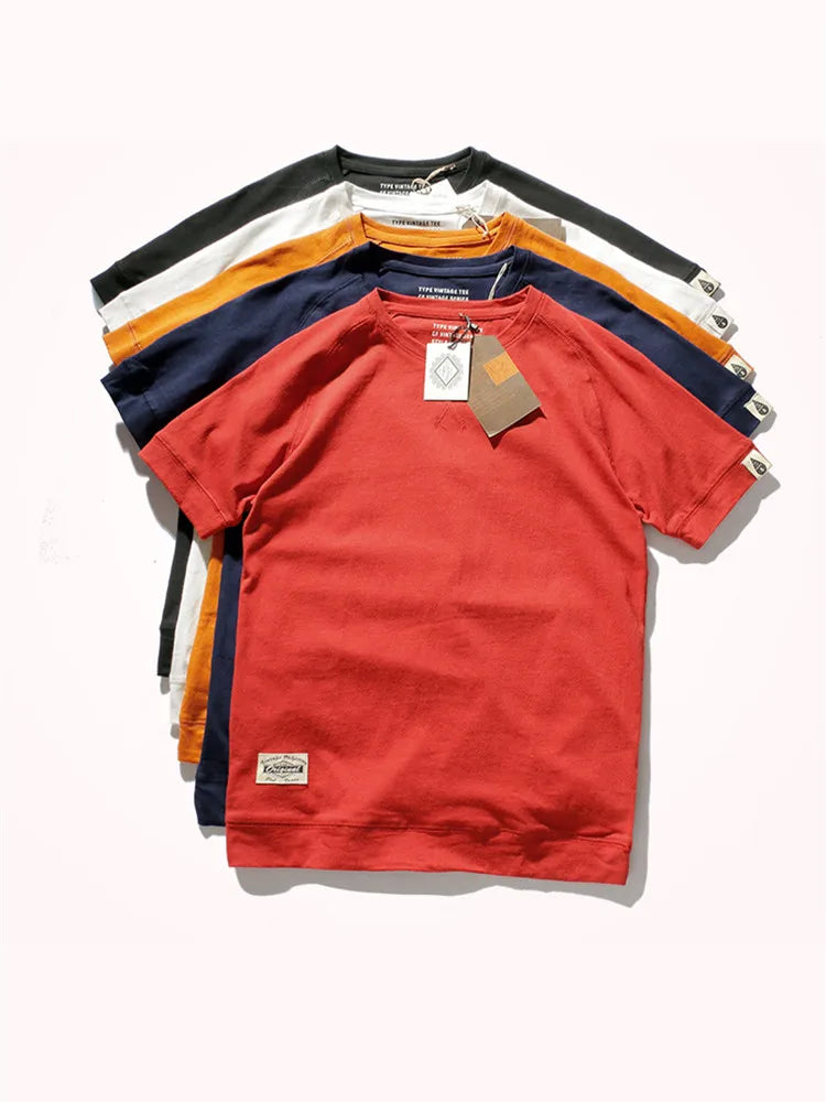Raglan Sleeve Solid Color T-shirt Men's Short-sleeved Round Neck - 100% Cotton