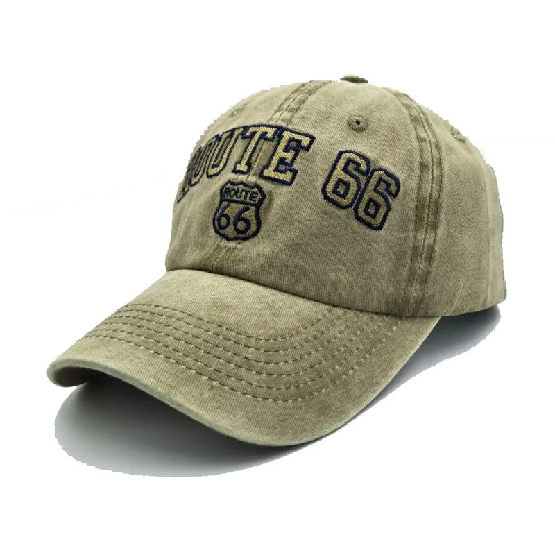 Vintage Washed Cotton ROUTE 66 Embroidery Baseball Cap Fitted Cap