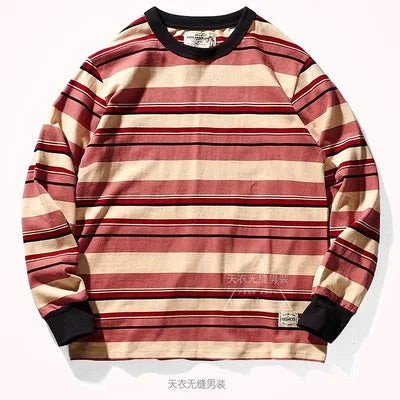 Japanese Heavyweight Pure Cotton Long-sleeved Striped T-shirt