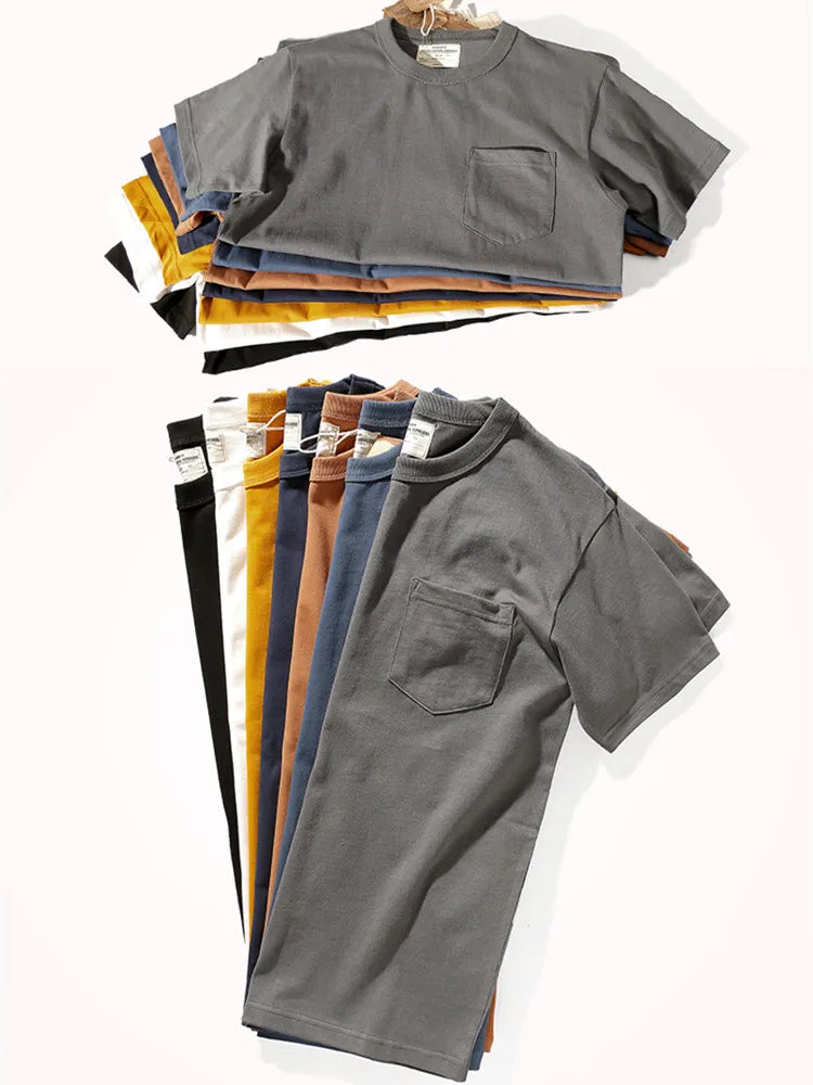 Men's Short-Sleeved Pocket T-Shirt - Solid Color Heavyweight Washed