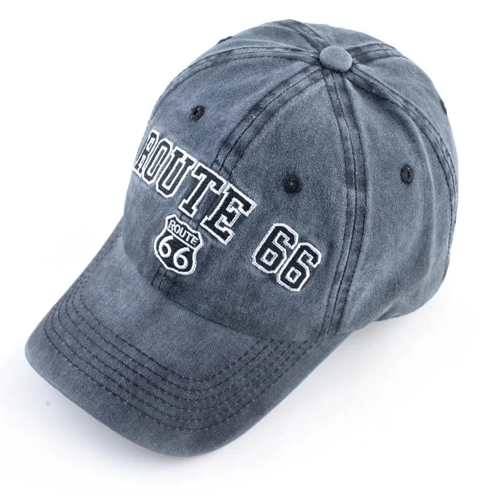 Vintage Washed Cotton ROUTE 66 Embroidery Baseball Cap Fitted Cap