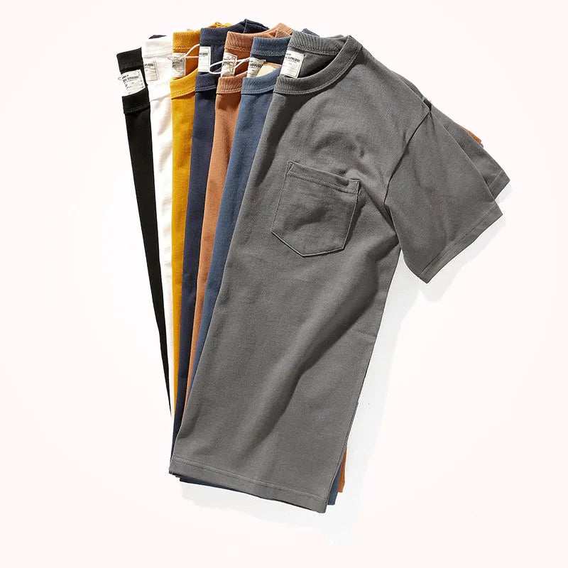Men's Short-Sleeved Pocket T-Shirt - Solid Color Heavyweight Washed
