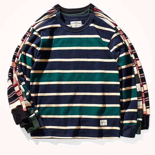 Japanese Heavyweight 300g Pure Cotton Long-sleeved Striped T-shirt Men