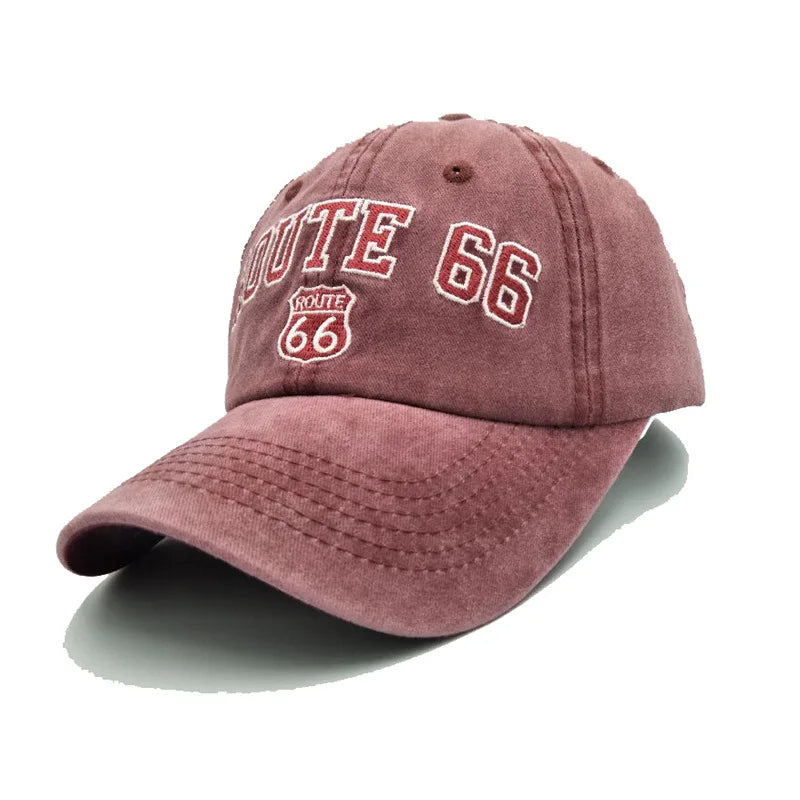 Vintage Washed Cotton ROUTE 66 Embroidery Baseball Cap Fitted Cap
