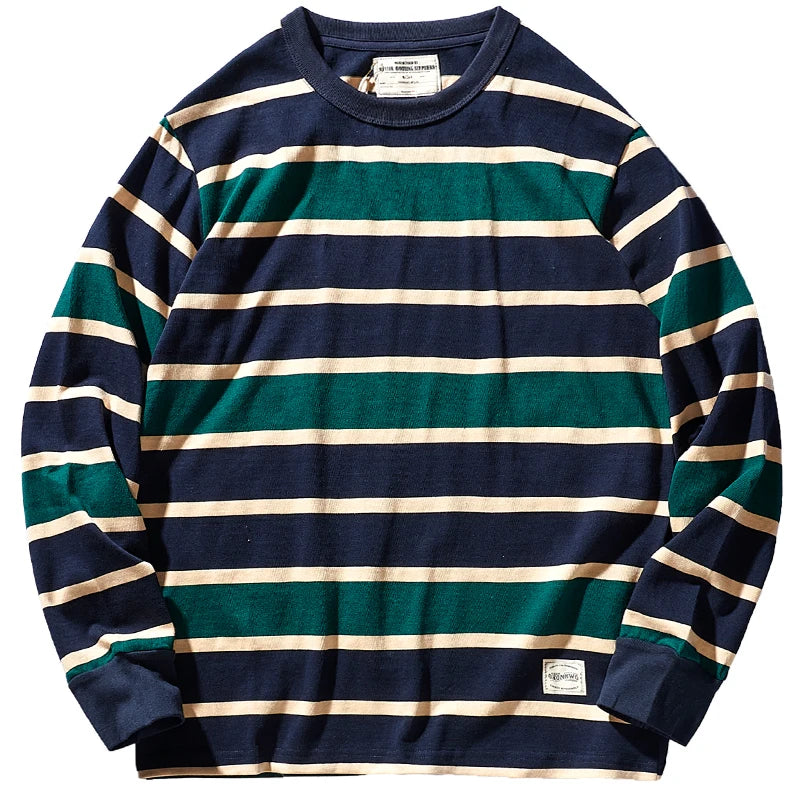 Japanese Heavyweight Pure Cotton Long-sleeved Striped T-shirt