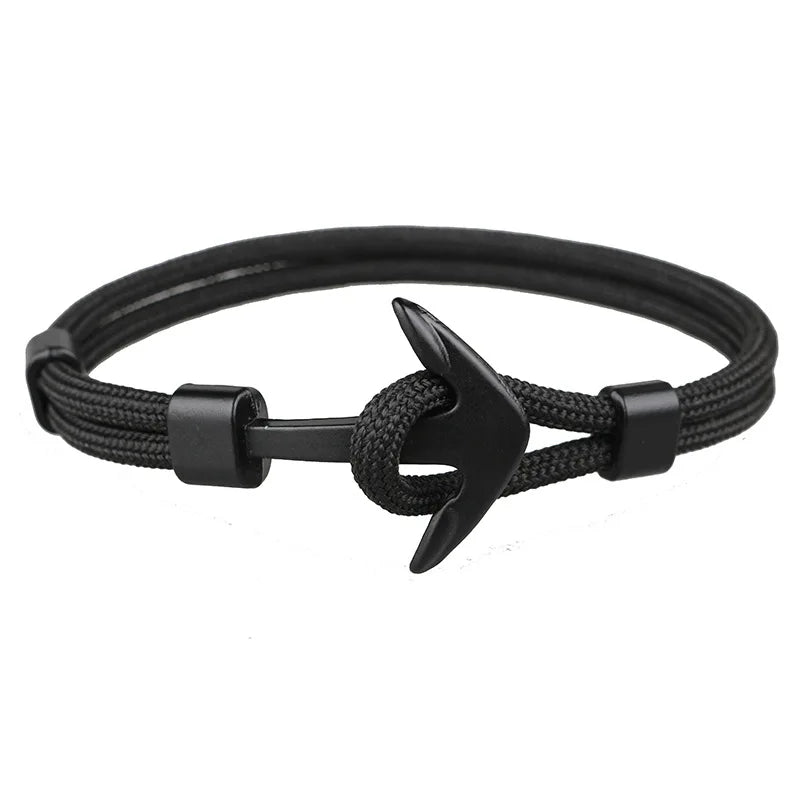 Black Anchor Bracelets for Men - Charm Survival Rope Chain Paracord Bracelet with Metal Sport Hooks