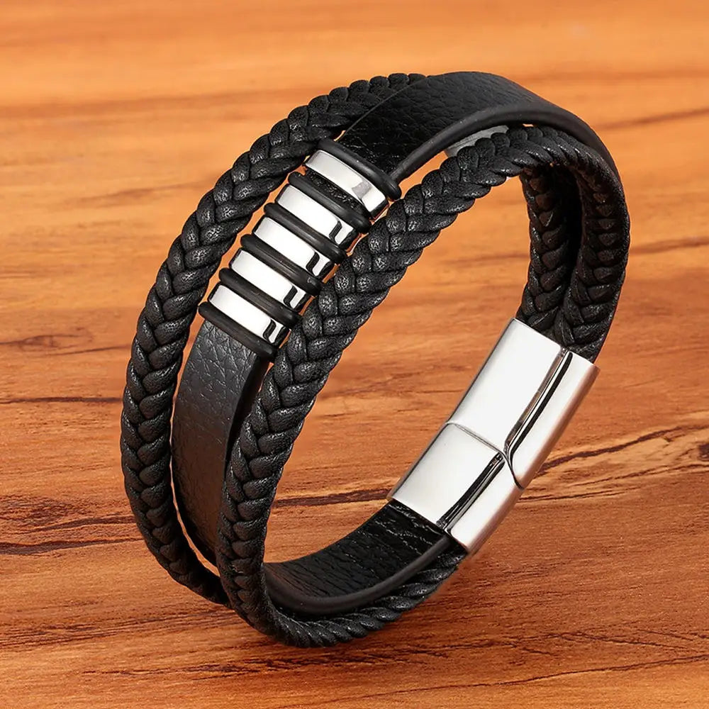 3 Layers Black Gold Punk Style Design Genuine Leather Bracelet