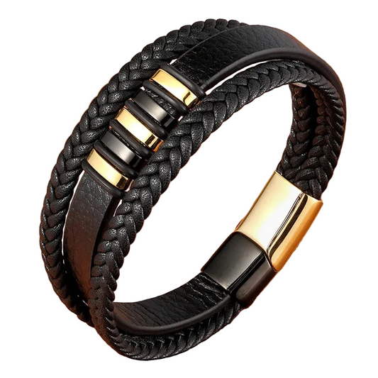 3 Layers Black Gold Punk Style Design Genuine Leather Bracelet