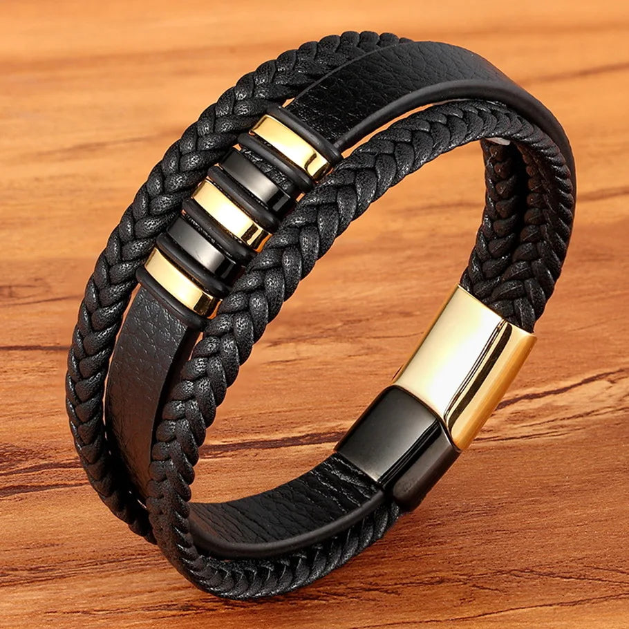 3 Layers Black Gold Punk Style Design Genuine Leather Bracelet