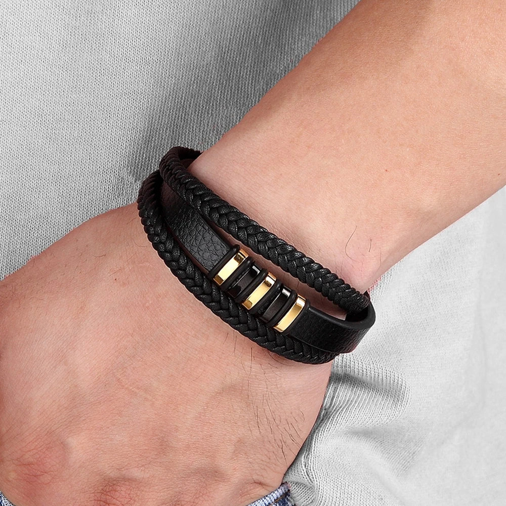 3 Layers Black Gold Punk Style Design Genuine Leather Bracelet