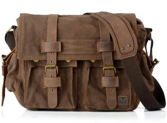 Genuine Leather Canvas Messenger Bag - Crossbody Satchel
