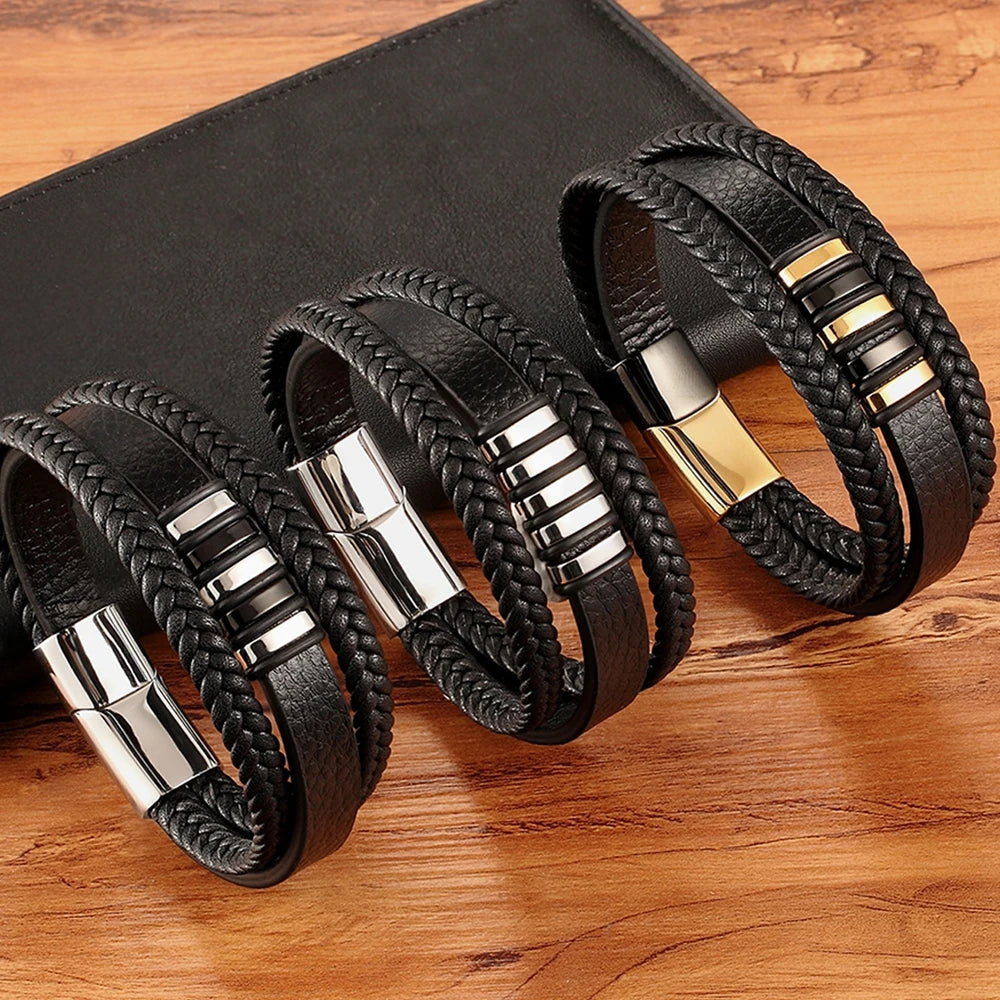 3 Layers Black Gold Punk Style Design Genuine Leather Bracelet