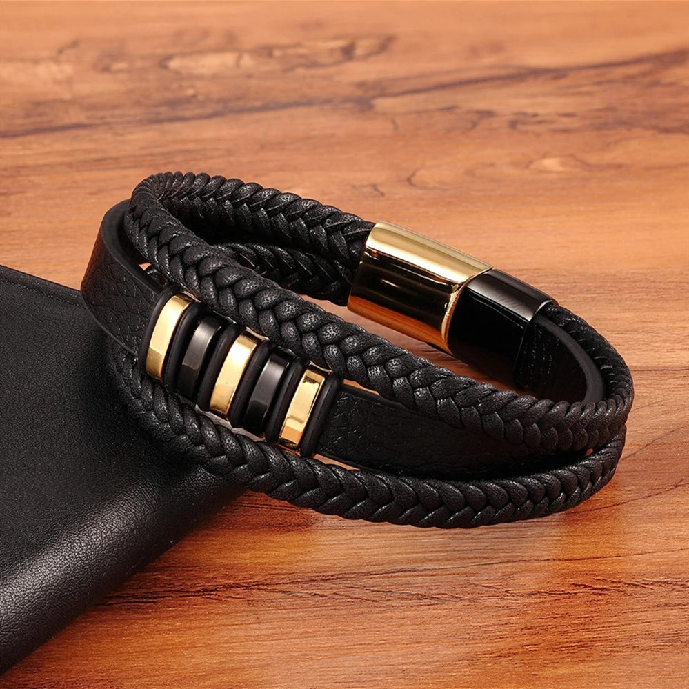 3 Layers Black Gold Punk Style Design Genuine Leather Bracelet