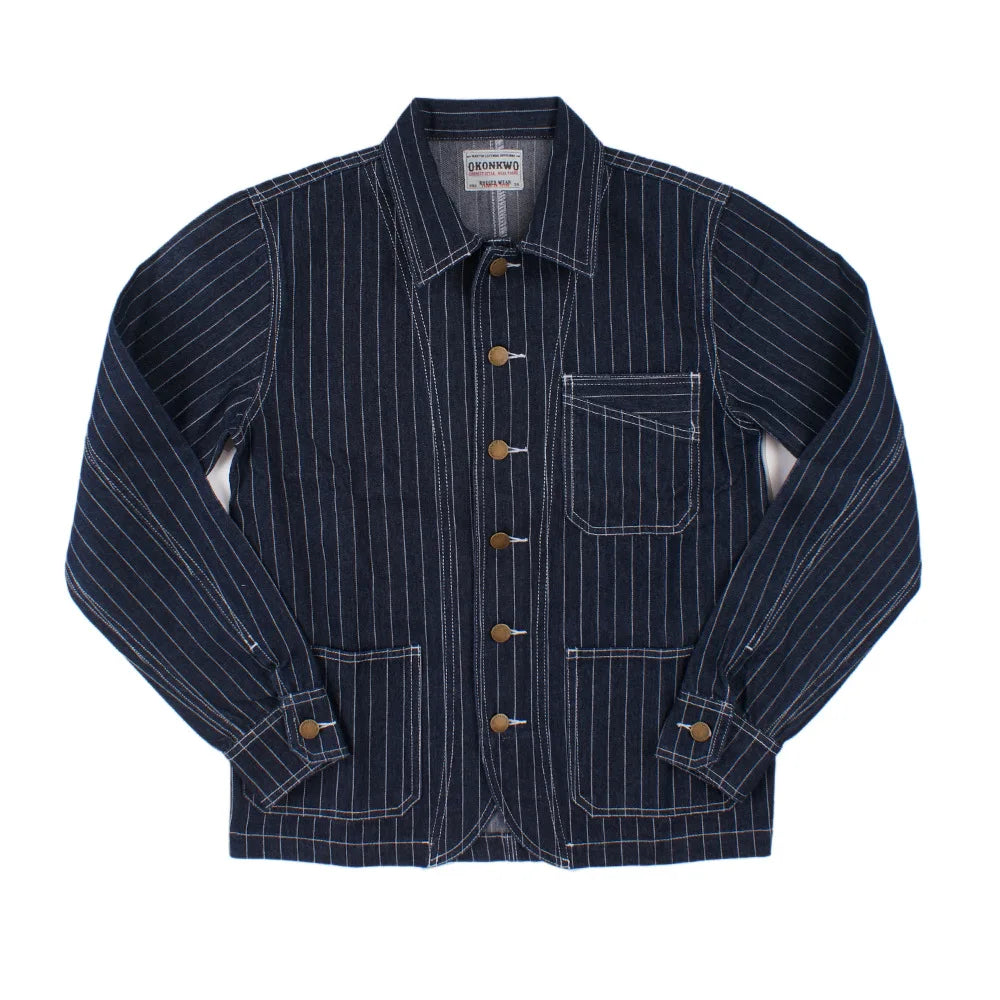 Men's Denim Vertical Striped Wabash Jacket - Multi-Pocket
