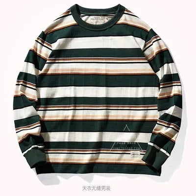 Japanese Heavyweight Pure Cotton Long-sleeved Striped T-shirt