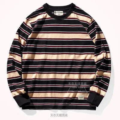Japanese Heavyweight Pure Cotton Long-sleeved Striped T-shirt
