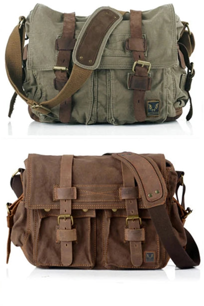 Genuine Leather Canvas Messenger Bag - Crossbody Satchel