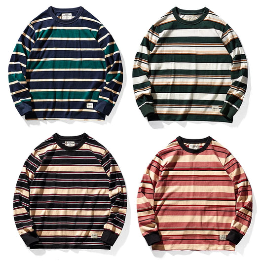 Japanese Heavyweight Pure Cotton Long-sleeved Striped T-shirt